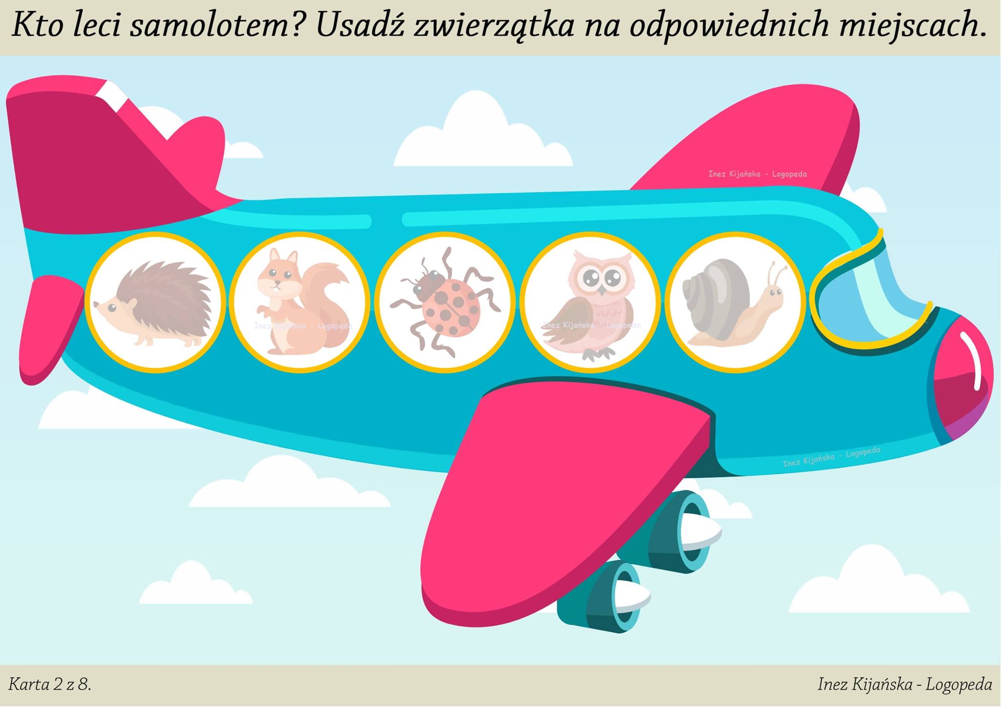 Wytnij z drugiej planszy pasażerów samolotu i usadź ich na adekwatnych miejscach. Doskonalimy małą motorykę i spostrzegawczość… 🙂